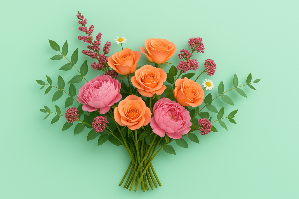 Kuvassa kukkakimppu, jossa on ruusuja.