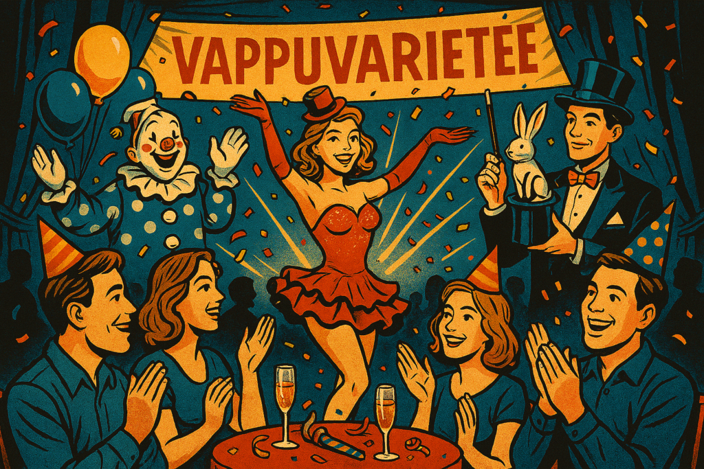 Kuvassa vappuvarietee aiheista juhlintaa