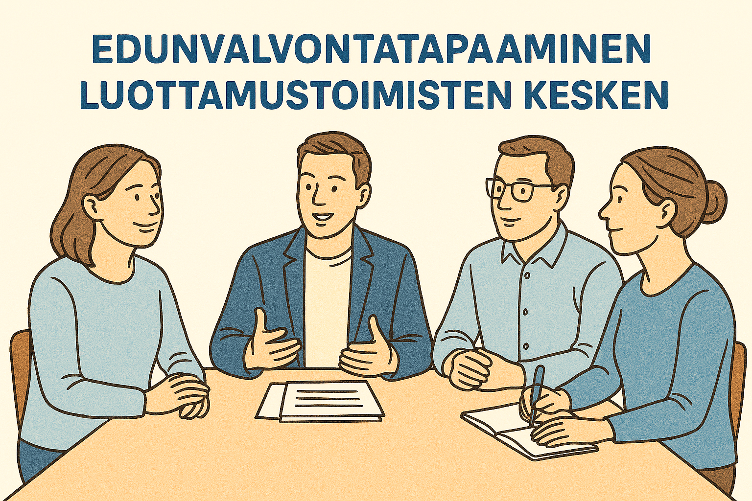 Kuvassa ihmisiä istumassa pöydän ääressä.